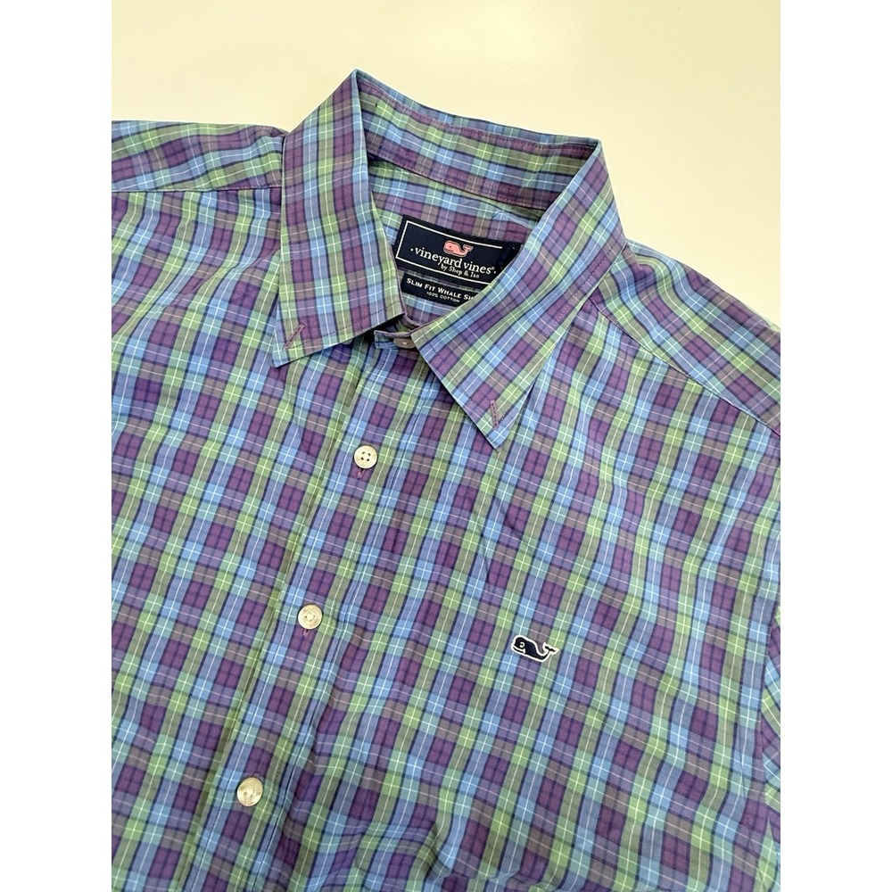vineyard vines long sleeve dress shirt purple green plaid mens L slim fit - Picture 2 of 4